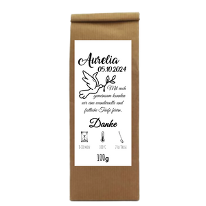 Personalisierter Krautertee als Geschenk Idee mit eigenem Etikett fuer   Taufen 